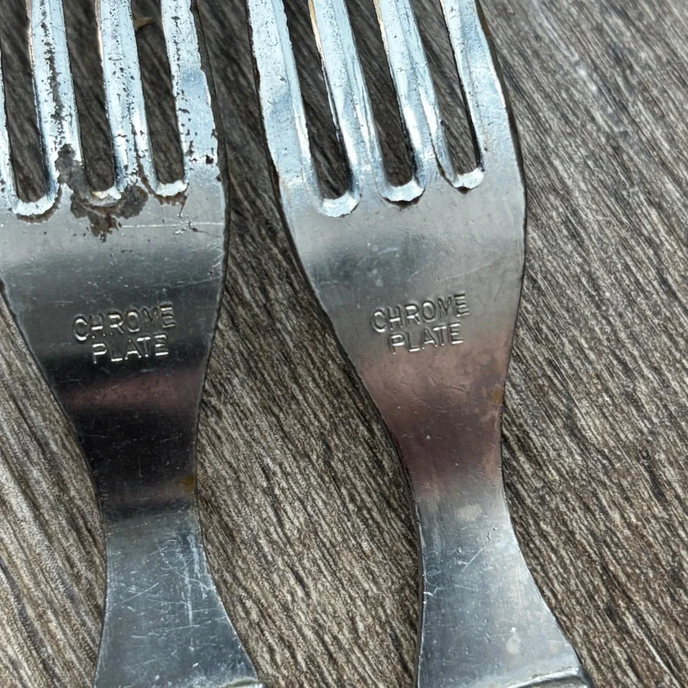 Vintage Chrome Plate Butterscotch Bakelite Style Handle Forks Set of 2 MCM Deco